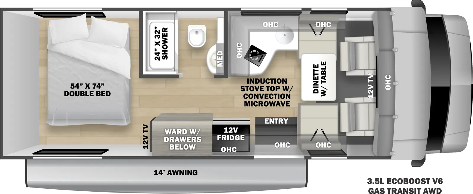 The TS2380 has no slide outs. Exterior features include a 14 ft. awning and it is built on the 3.5L Eco-Boost V6 Gas Transit chassis (2WD & AWD available). Interior layout from front to back includes a: cab over overhead cabinet and 12V TV; opposing side chairs with dinette table; off-door side kitchen with L-shaped countertop and cabinets, induction stove top with convection microwave, and sink; 12V refrigerator to the left of the entry door; off-door side bathroom with 24 x 32 shower, toilet, sink and medicine cabinet; wardrobe with drawers across from bathroom; rear bedroom with 54 x 74 double bed and 12V TV.
